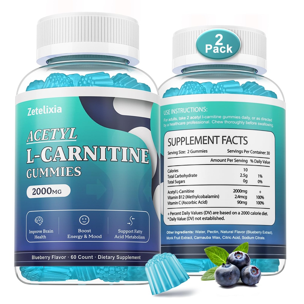 2 Pack Sugar Free Acetyl L-Carnitine Gummies, L-Carnitine Supplement voor vrouwen en mannen, met vitamine C & B12, ALCAR voor energie, Brain & Heart Health Support, Vegan, Non-GMO, 120 Tel.