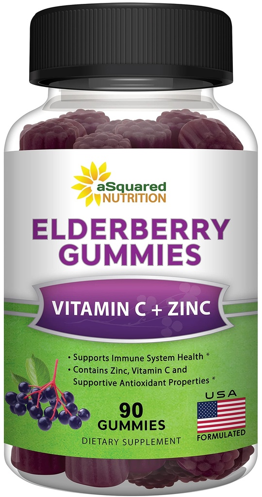 aSquared Nutrition Sambucus Vlierbessen Gummies met zink en vitamine C - Kauwbare Gummy Supplement Alternatief voor Capsules Pillen - Zwarte Vlierbessen w/VIT C voor Volwassenen Immune Ondersteuning - 90 Gummies