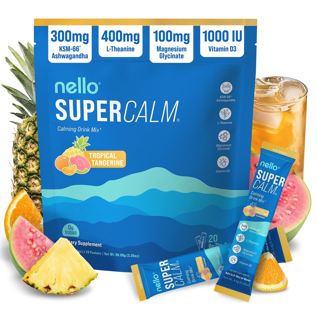 Nello Supercalm Powdered Drink Mix, Tropical Tangerine, L Theanine, Ksm-66 Ashwagandha, Magnesium Glycinate, Vitamine D 3, Supplementen voor Relaxatie & Focus, Natuurlijke, Geen Suiker, Niet GGO, 20 Srvg