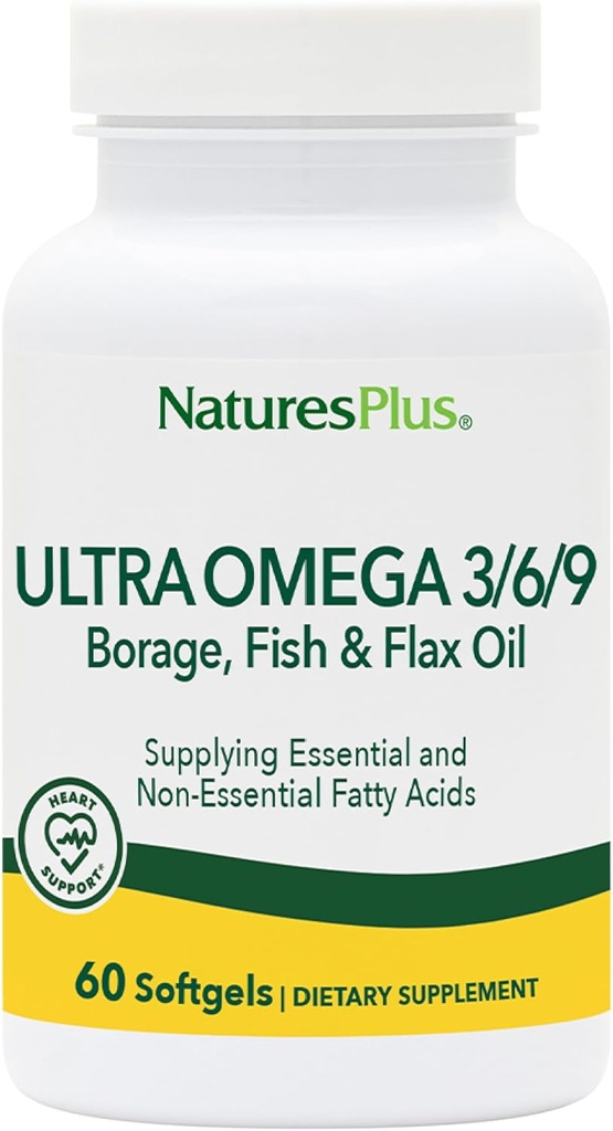 Natures Plus Ultra Omega 3 6 9-1200 mg, 60 Softgels - Borage Oil, Fish Oil, Flax Oil Supplement, Glutenvrij - 60 porties