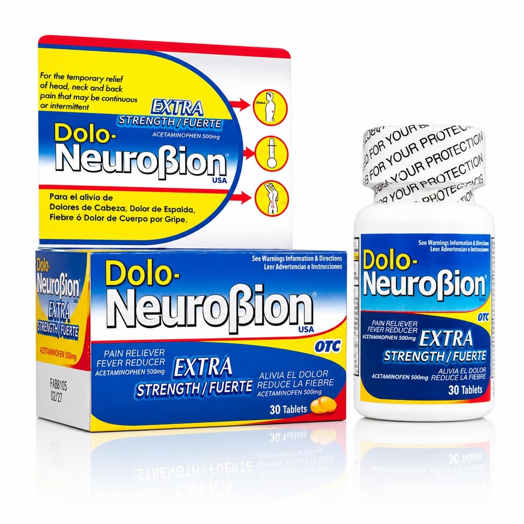 Dolo Neurobion 30 tabletten - pijnstiller, koortsreducer, extra sterkte, Fuerte, Alivia el Dolor, Reduce la Fiebre