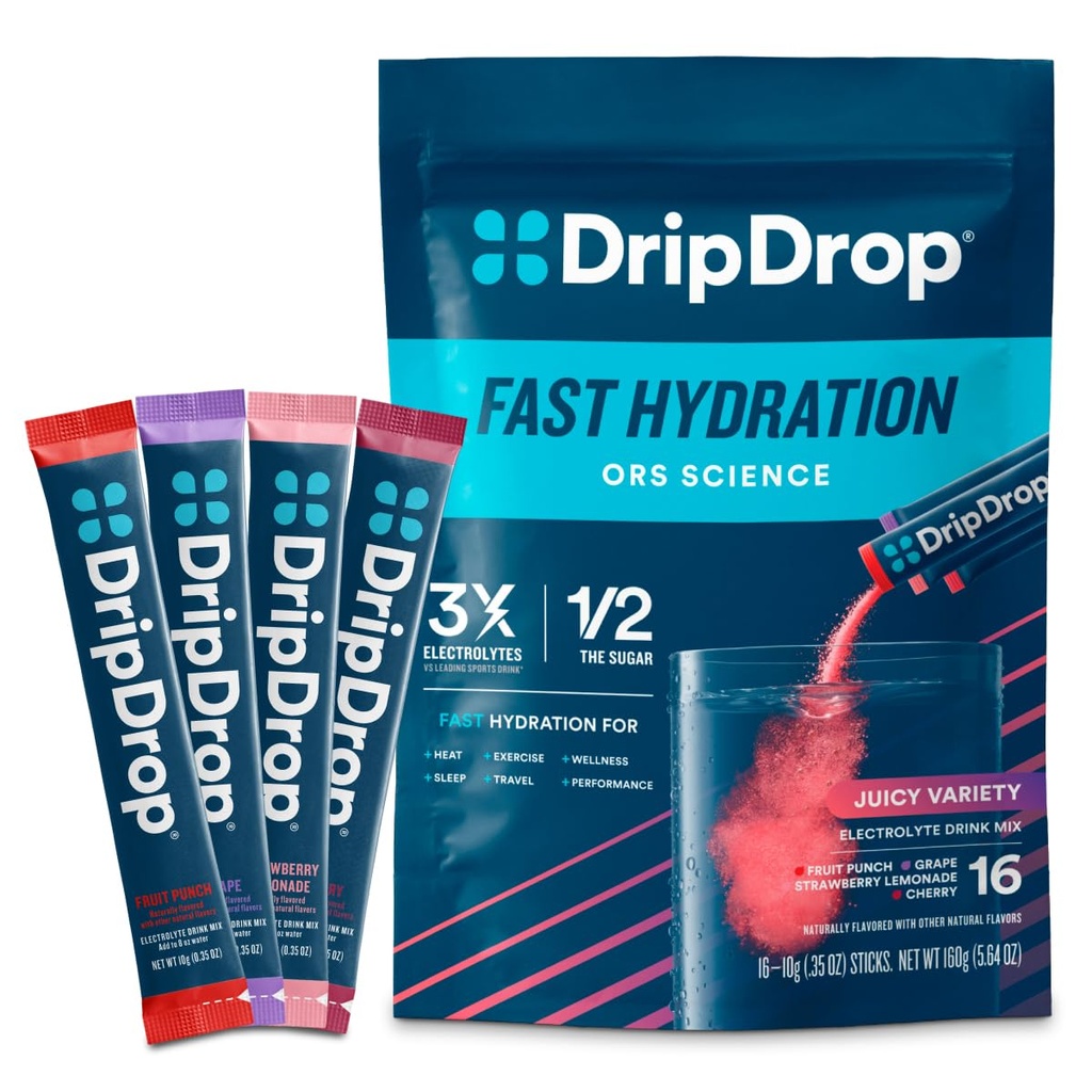 DripDrop Hydration Packets - Sappige Variety Pack - Single Serve Electrolytes Poeder Drink Mix - Grape, Fruit Punch, Aardbei Lemonade, Cherry - Non-GMO, Glutenvrij, Veganist - 16 Sticks