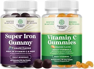 Ensemble de gommies de fer délicieuses pour les femmes et les hommes - Supplément de fer pour les femmes et les hommes avec de la vitamine C pour une absorption plus élevée et des gommies de vitamine C à croquer pour les adultes - Soutien immunitaire à la vitamine C halal