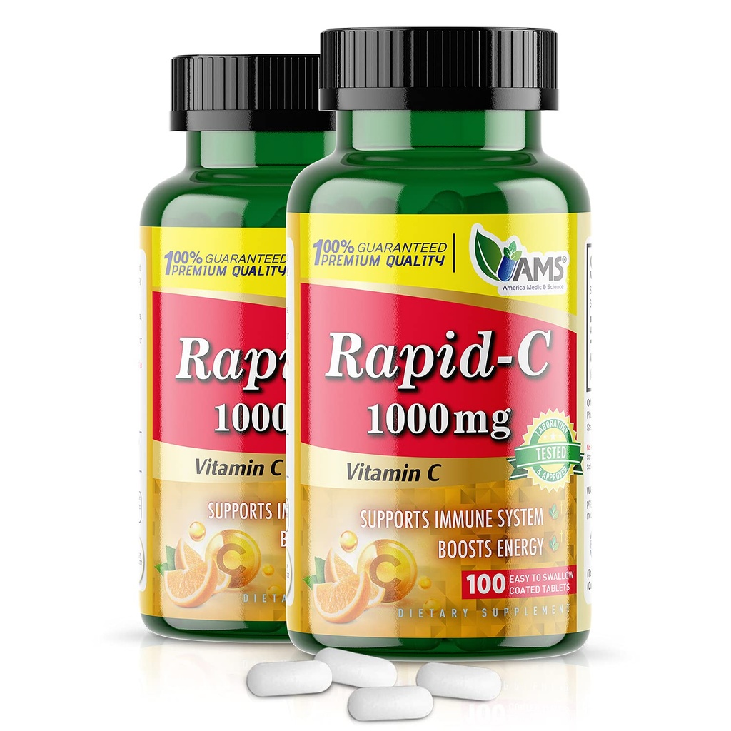 America Medic & Science Rapid-C 1000mg Vitamine C Supplement (2 Pack of 100 Tablets) Energy Booster, Daily Immuun System Support, Antioxidant 
