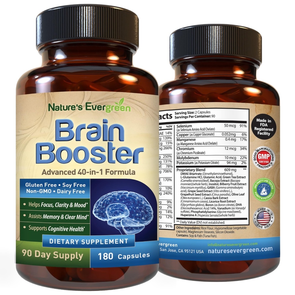 Brain Booster 40-in-1 Formula Supplement for Focus, Memory, Clarity, Energy & Women, Cognitive Function Nootrope Support with DMAE, Brain Health Formula 