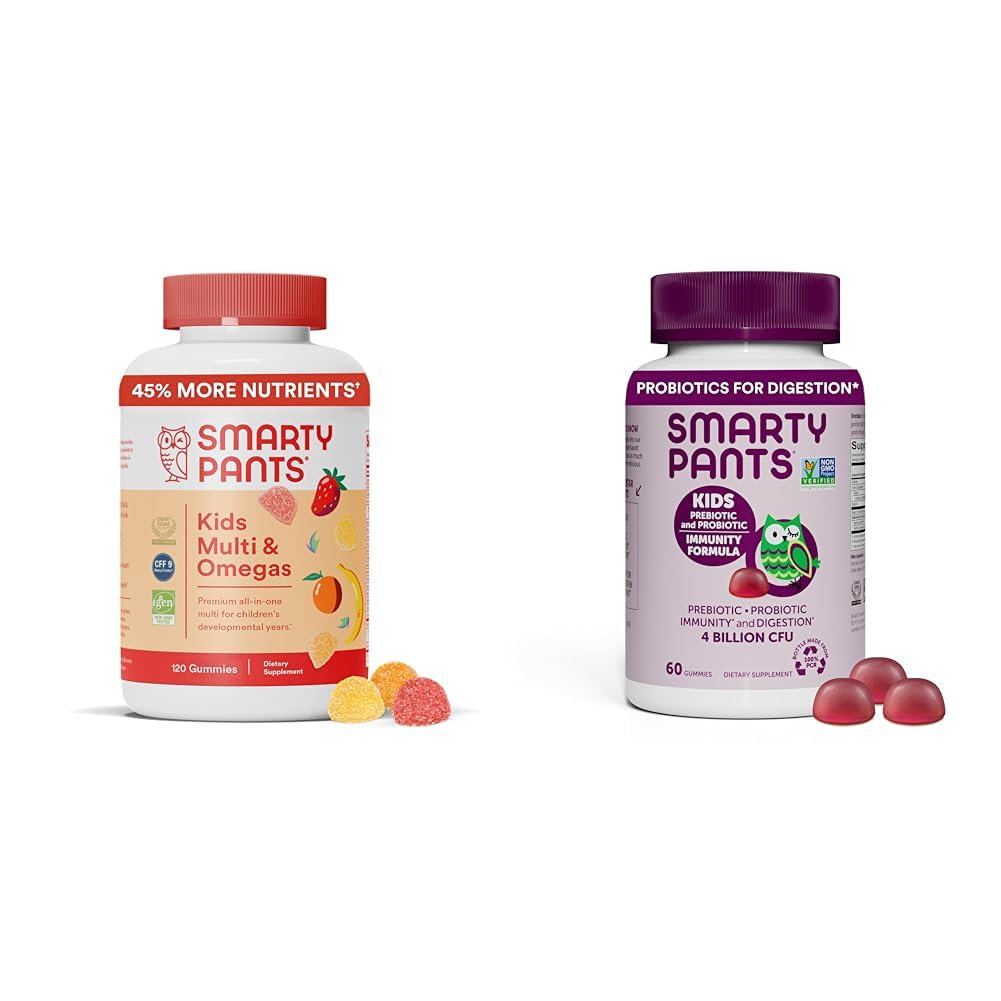 SmartyBants Kids Multivitamine Gummies en Probiotic Immunity Bundle: Omega 3 Visolie (EPA/DHA), Vitamine D3, C, Vitamine B12, B6, Digestief & Immune Support Supplement (30 dagen levering)