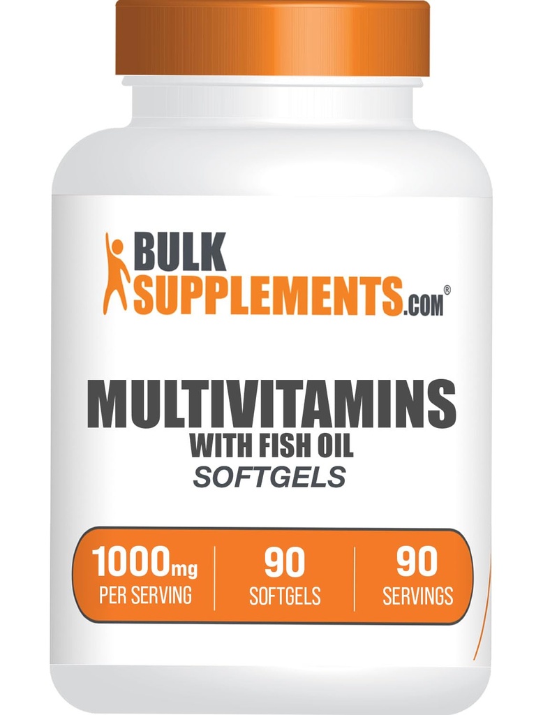 BulkSupplements.com softgels multivitamine - Multivitamine quotidienne, supplément multiminérale, pour les adultes avec de l'huile de poisson - sans gluten, 1 softgel par portion, 90 Compte (paquet de 1)