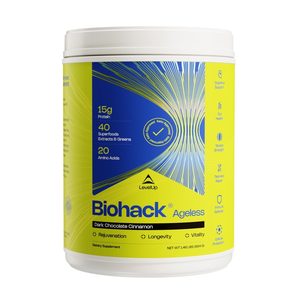 LevelUp Biohack Ageless: Colostrum Collagen Superfoods Antioxidanten Spermidine Aminozuren Creatine voor vrouwen en mannen, Total Body Rejuvenation (Dark Chocolate Cinnamon)