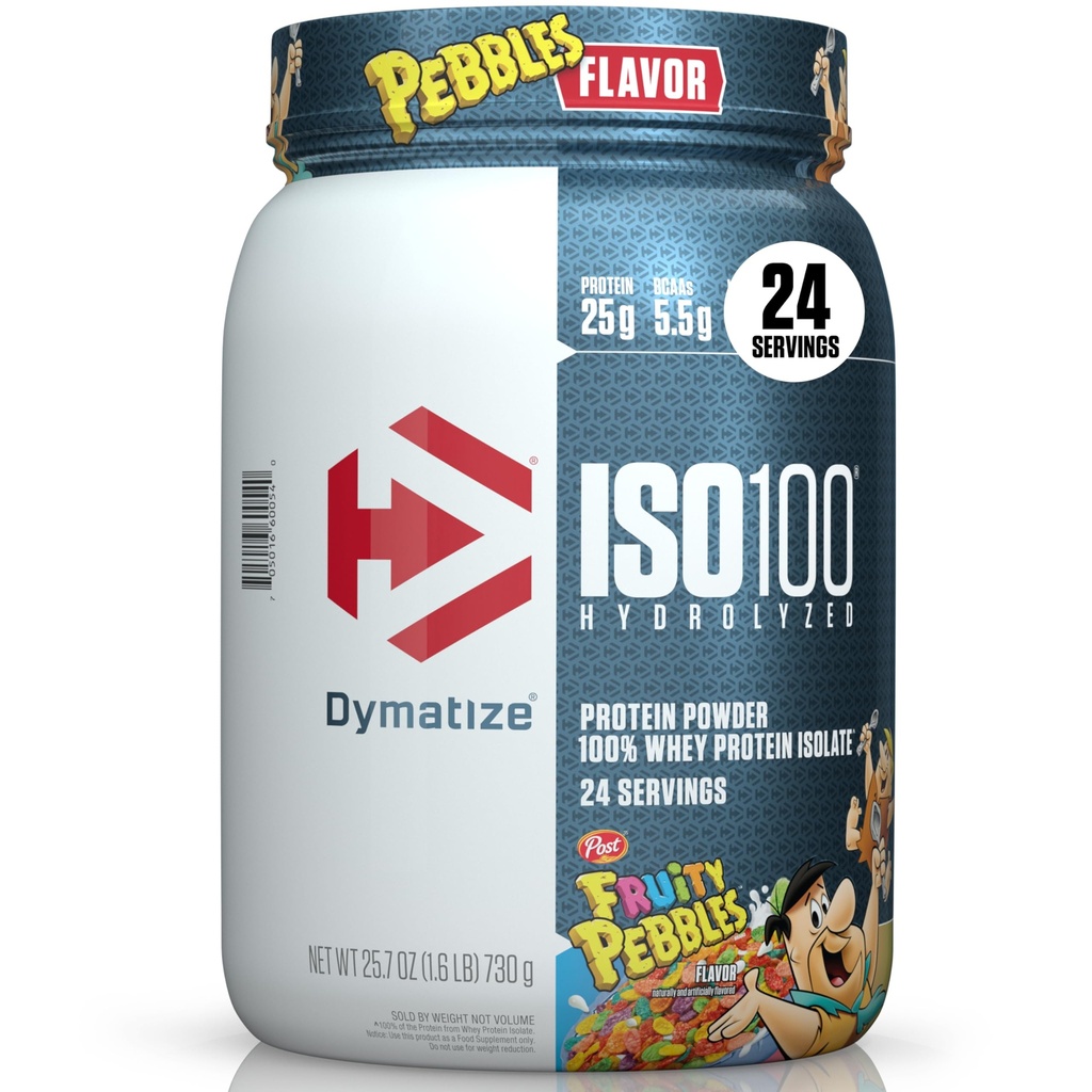Dymatize x Pois fruités ISO100 Poudre de protéines de lactosérum, 25g de protéines, 20 portions, 5,5g BCAA, 120 Cal., sans gluten, 1g de gras, 1g de sucre, 2g de glucides (24 portions)