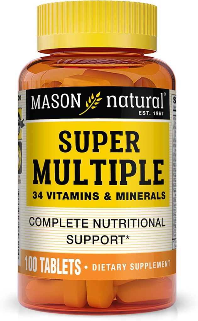 MASON NATURAL Super Multiple 34 Vitamines et Minéraux - Soutien nutritionnel complet, tout en une multivitamine, soutient la santé globale, 100 comprimés