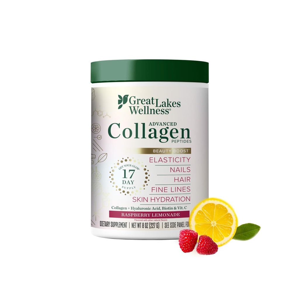 Great Lakes Wellness Beauty Boost Advanced Collagen Peptides Poudre avec acide hyaluronique, biotine, vitamine C - Élasticité cutanée et hydratation - Lémonade framboise Saveur - Non-OGM, Keto, Kosher - 8 oz