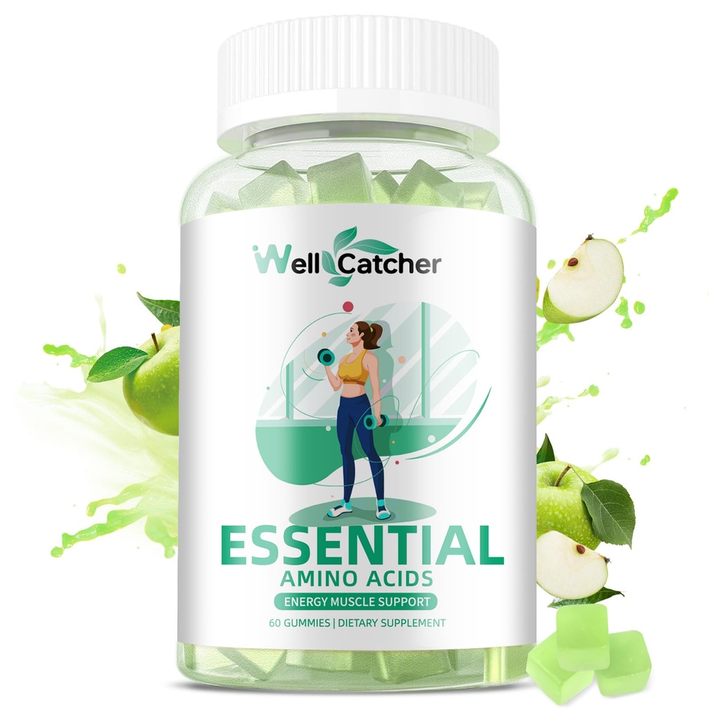 EAA Gummies Acides aminés essentiels - Tous les 9 Aminos essentiels et tous les Aminos à chaîne ramifiée (BCAAs) avec récupération des muscles, soutien énergétique sans sucre vert pomme saveur 30 portions