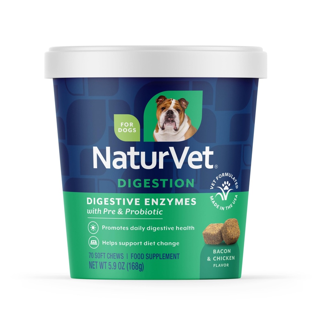 NaturVet – Enzymes digestifs - Plus Probiotiques et prébiotiques – Aide à soutenir le changement de régime alimentaire et un piège digestif sain – pour les chiens (Cheveaux doux, 70 comte)