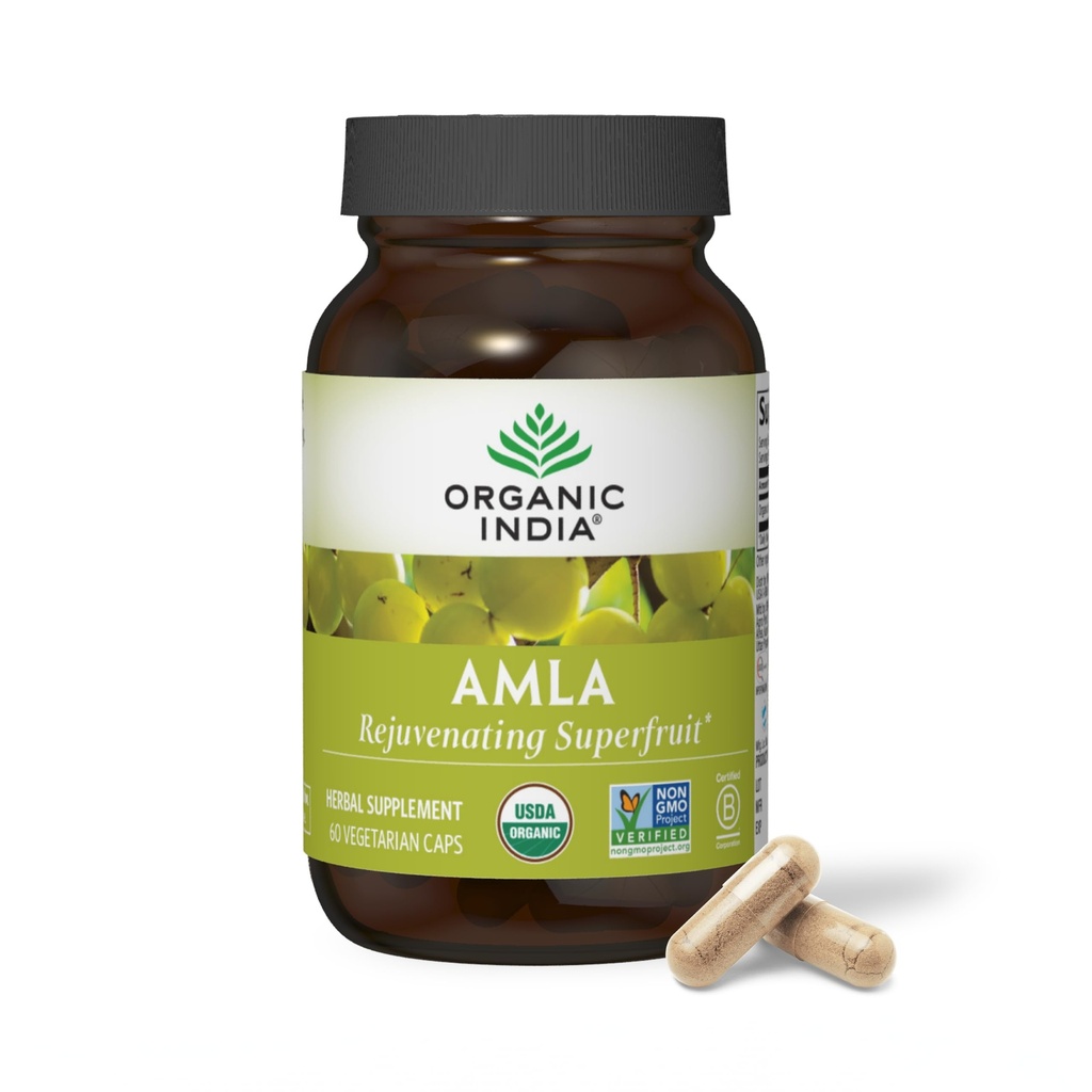 INDE ORGANIQUE Amla Capsules Organic - Supplément de vitamine à base de plantes de Gooseberry indien, Supplément Amla, Soutien immunitaire, Vegan, Sans gluten, Ayurvédique, Antioxydant, Non-OGM - 60 Capsules