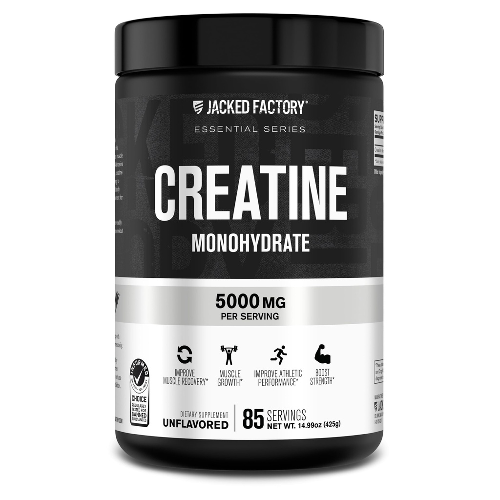Poudre monohydratée de créatine Jacked Factory 425g - 5g Supplément créatine quotidien pour les hommes et les femmes, Amies des végétaliens, Testés en troisième partie - 85 portions, non aromatisées