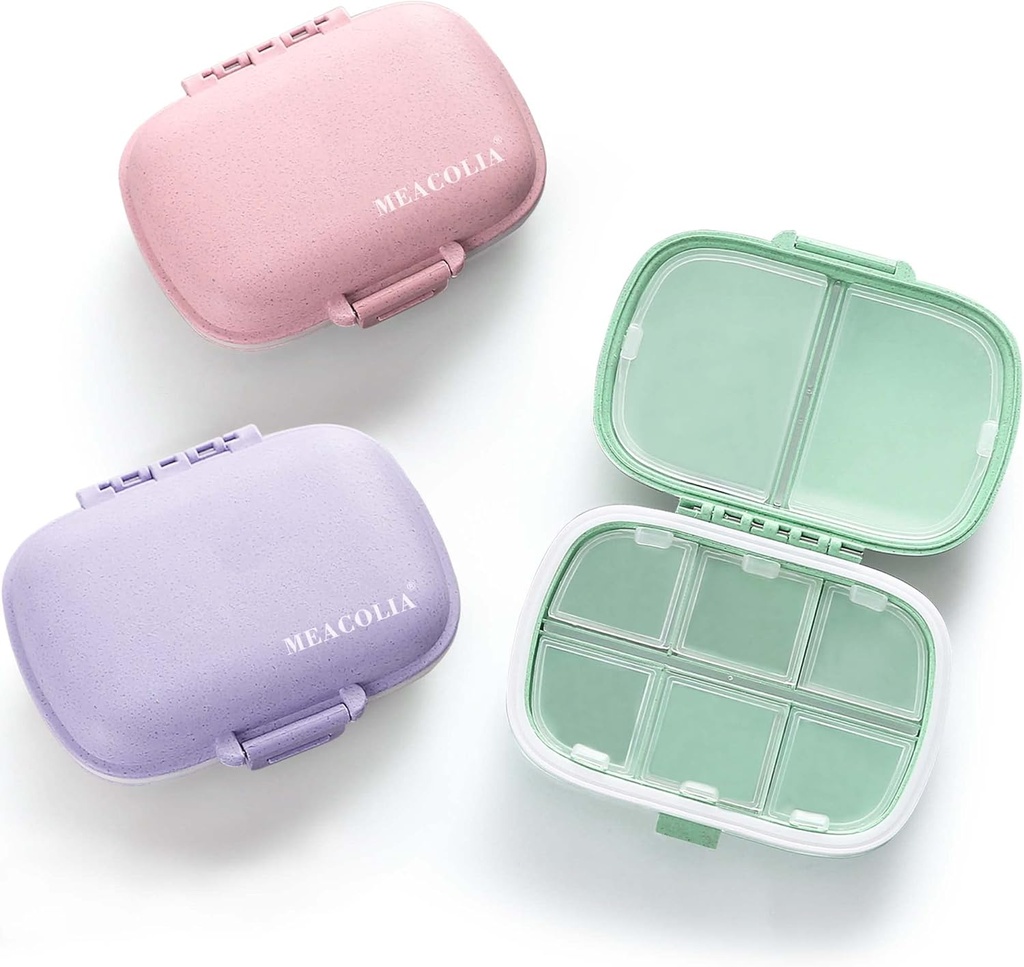 MEACOLIA 3 Pack 8 Compartments Travel Pill Organizer, Daily Pill Case Small Pill Box voor Pocket Purse, Portable Pill Container Medicine Vitamine Organizer (Paars, Groen, Roze)