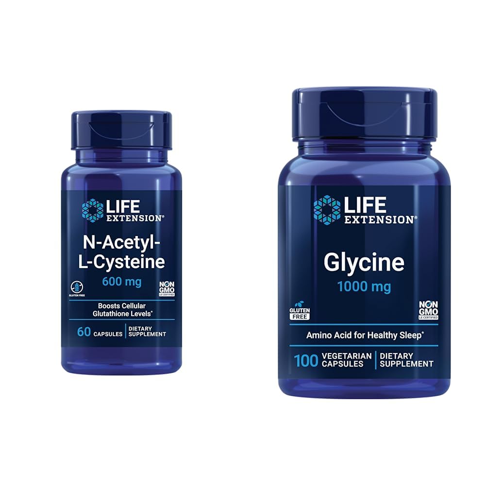 Levensverlenging N-Acetyl-L-Cysteine (NAC) & Glycine 1000 mg, bevordert ontspanning, gezonde slaap, Aminozuur, Glutenvrij, Non-GMO, Vegetarisch, 100 capsules
