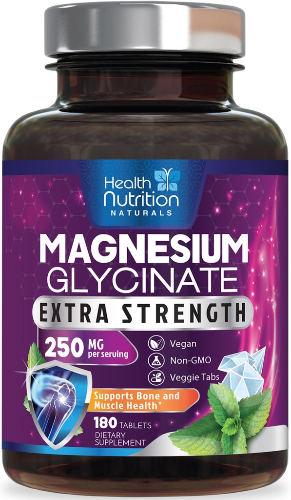 Magnesium Glycinate 250mg - 100% chelated Magnesium voor Max Absorptie - Slaapondersteuning, Spier, Zenuwen, Bone & Heart Health Support, Best Mag Supplement, Vegan Non-GMO, 3rd Party Tested - 180 Tablets