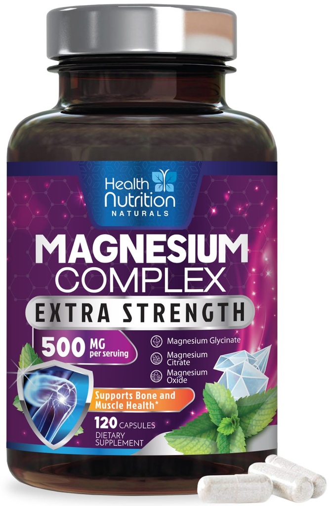 Magnesium Complex Capsules 500 mg met Oxide, Glycinate, Malate, Citrate - High Absorptie Complex Chelated Magnesium Mineral Supplements - voor spier-, bot- en hartgezondheidsondersteuning - 120 capsules