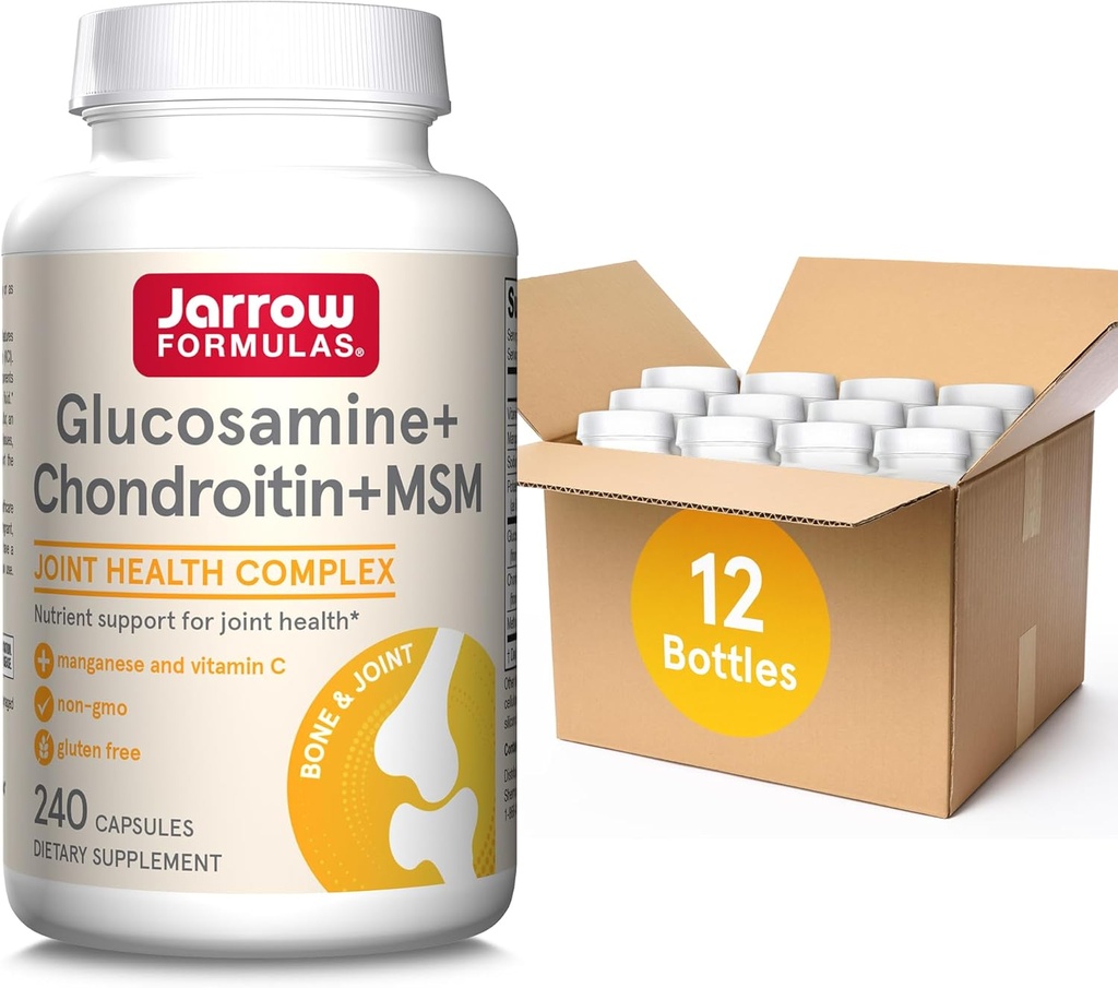 Jarrow Formulas Glucosamine + Chondroitin + MSM Capsules, Joint Support Supplement met vitamine C en Mangaan, 240 Capsules, 60 Day Supply, Pack of 12
