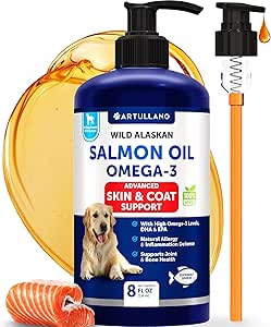 Huile de saumon pour chiens - Omega 3 pour chiens - 8 FL OZ Huile de saumon sauvage de l'Alaska - Acides gras naturels de l'EPA et de l'ADH pour la peau et le manteau, l'allergie, la santé des articulations et des os - Supplément de soutien liquide pour le mouillage