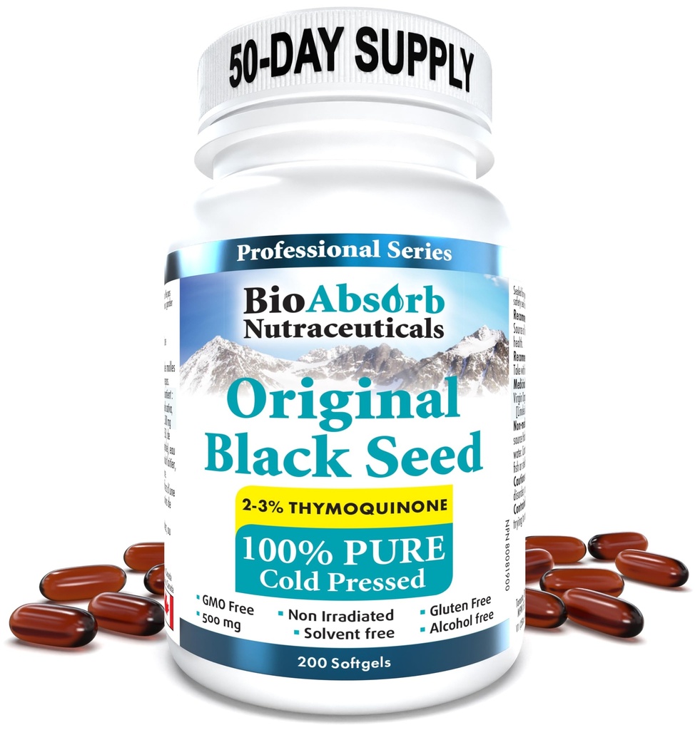 Bio Absorb Black Seed Oil Cold Pressed Capsules. 200 softgels, 500mg (50-Day Supply). Geen afdronk.