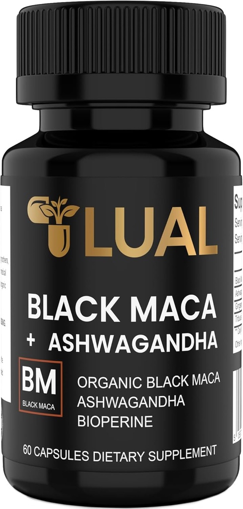 LUAL 30.000mg 30x Sterkte Biologische Zwarte Maca Root met Ashwagandha - Hoogste Potentie Zwarte Maca Root Capsules voor mannen - 100% Pure Maca Peruana Powder Biologische, Gelatiniseerd, Niet-GMO - 60 Pillen