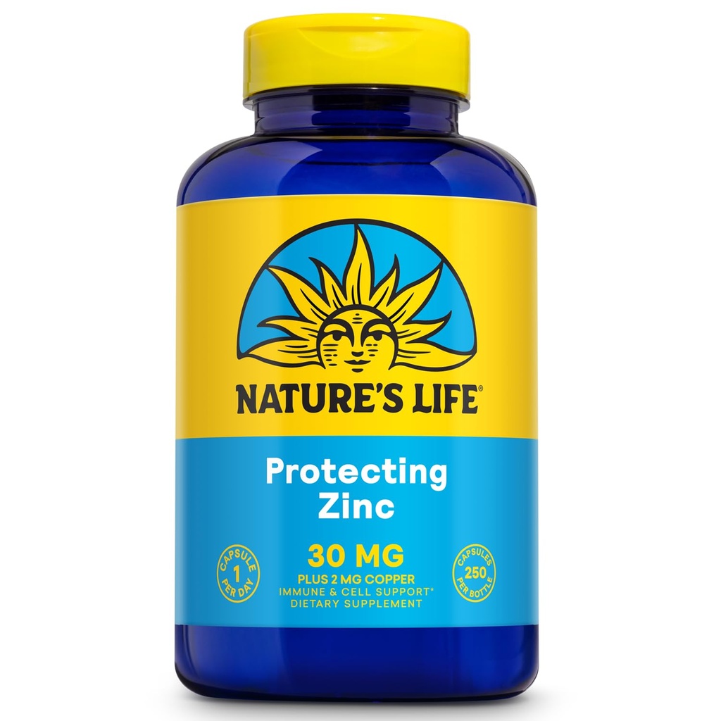 Nature's Life Zink Picolinate 30mg Plus 2mg koper - chelated Zink Supplement voor Immune, Cardiovasculaire, Huid, Cellulaire Functie, en Spierondersteuning - 60-dagen garantie - 250 porties, 250 capsules
