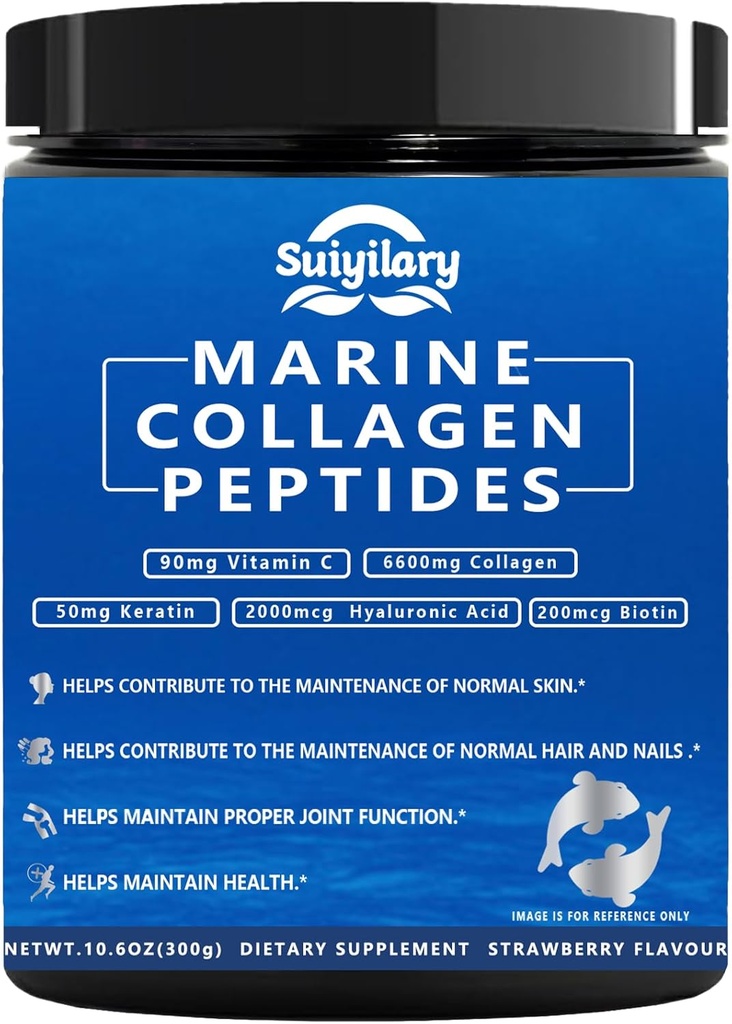 Collageen Peptides Powder for Women, Multi Marine Hydrolyzed for Healthy Hair, Skin, Nails with Hyaluronic Acid, Biotin, Vitamin C, 30 Servers (10,6 OZ, Aardbei)