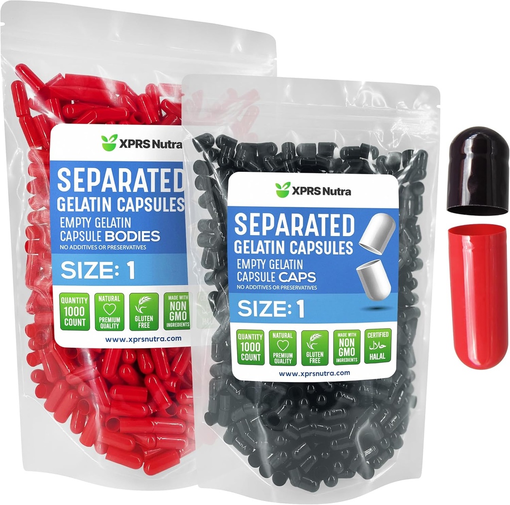 XPRS Nutra Maat 1 Gelatine Gescheiden Capsules - 1000 Graaf Lege pil Capsules gescheiden in zakken- Lege pillen voor DIY supplement vullen (zwart/rood)