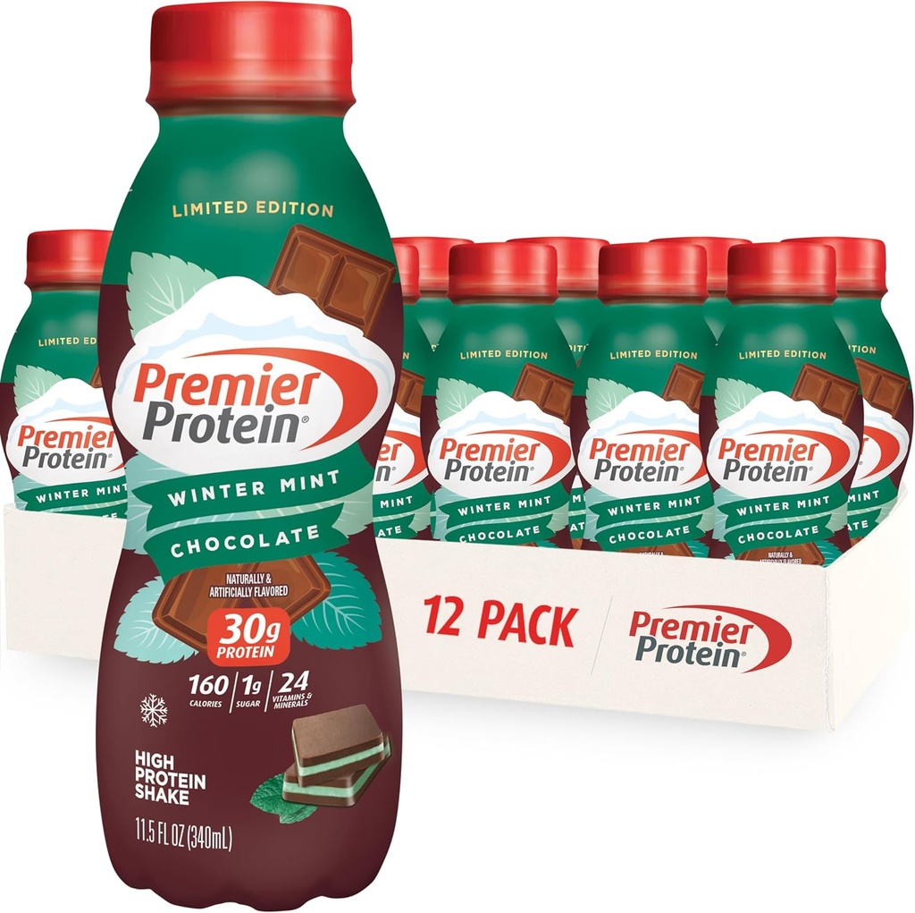 Premier Protein Shake, Limited Edition Winter Mint Chocolate, 30g Proteïne, 1g Suiker, 24 Vitaminen en Mineralen, Nutriënten om Immune Health te ondersteunen, 11.5 oz, 12 Pack