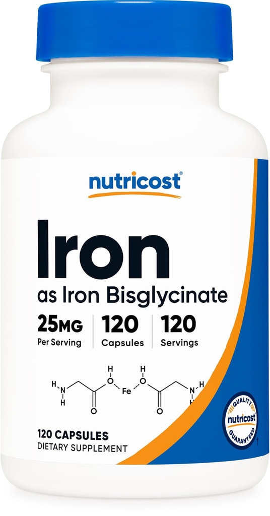 Nutricost Iron Bisglycinate Supplement (25mg) 120 Capsules - van Ferrous Bisglycinate Chelaat - Non-GMO & Gluten-Free
