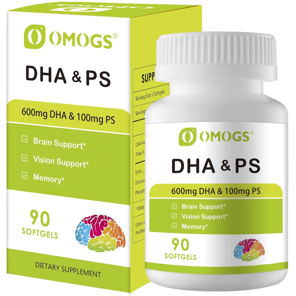 Omogs Algen DHA - 600 mg Omega-3 DHA Softgels, met Fosfatidylserine & Walnut Oil, ondersteunt gezonde hersenfunctie, visie, oog & geheugen, glutenvrij, niet-GMO Vegan Algenolie, 90 Softgels
