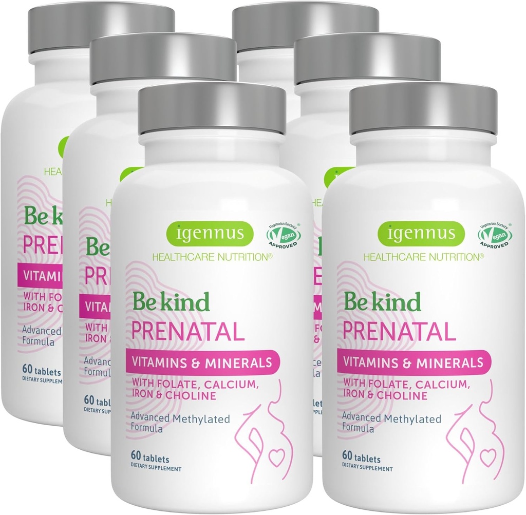 Igennus Methylated Prenatal Multivitamine for Women, Folaat for MTHFR, High Absorptie, Pure & Clean, Gentle Iron, Choline, Calcium & Magnesium, Vegan Premium Vitamins, Halal, Non-GMO, 60 Tablets x 6