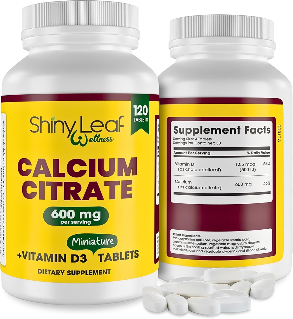 Shiny Leaf Calcium Minis 600 mg - Dagelijkse tabletten van Calcium citraat 600 mg Plus Vitamine D3 voor Bariatrische Post-Op en Gastric Bypass voor vrouwen en mannen, Gemakkelijk te slikken, Made in USA, Vegetarisch - 120 Ct.