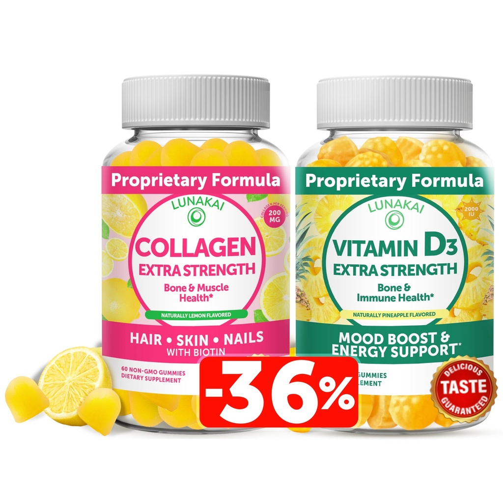 Lunakai Collageen en vitamine D3 Gummies Bundle - niet GMO Anti Aging Supplementen voor mannen en vrouwen - Immuniteit, bot en goede ondersteuning Gummy voor volwassenen - 30 dagen levering