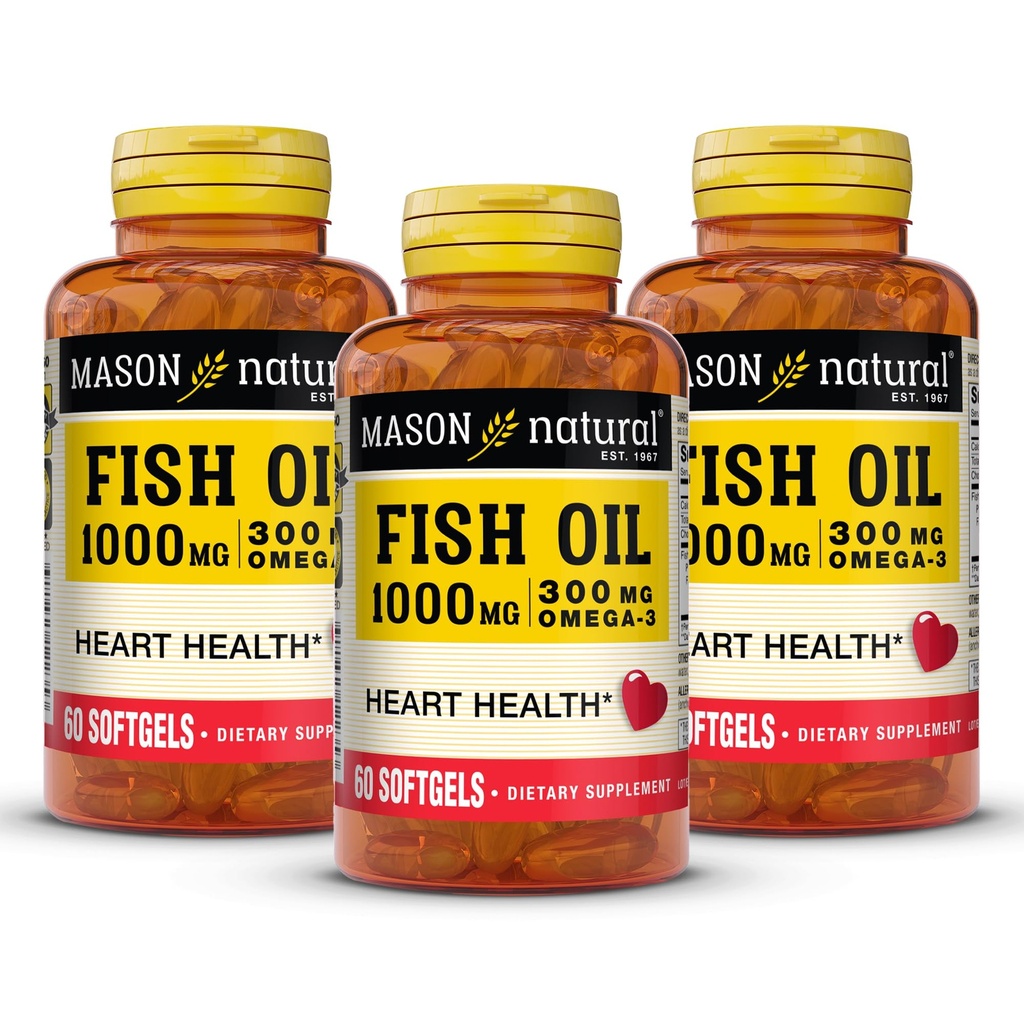 MASON NATUURLIJKE Omega,3 Visolie, 180,Dagvoorziening, 1000mg met EPA en DHA voor gezamenlijke ondersteuning, 60 Softgel Pillen (3 Pack)