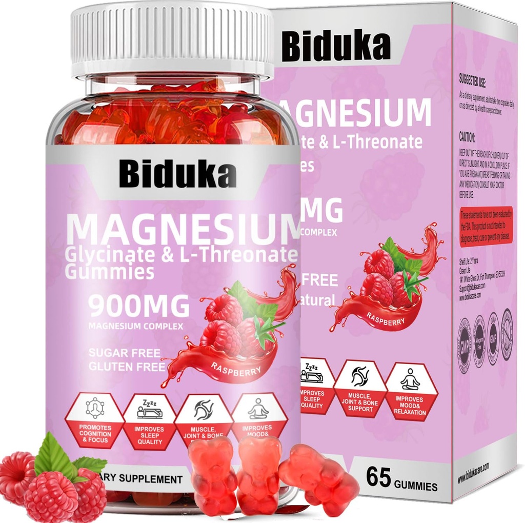 900mg Magnesium Complex 65 Raspberry Gummies, Suikervrij Magnesium Glycinate & L-Threonate Kaliumsupplement met vitamine D, B6, CoQ10 voor ontspanning