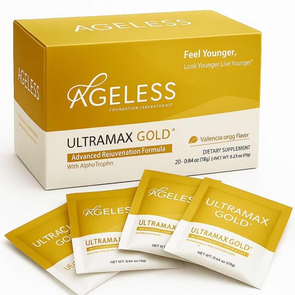 Ageless UltraMAX Gold - HGH Anti-Aging Supplement voor vrouwen en mannen - Verjongt huid, herstelt jeugdige verschijning, verhoogt energie &amp; slaap, Bruispoeder - Valencia Orange Flavor - 22 Packets