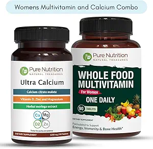 Pure Nutrition Ultra Calcium 1000mg en Whole Foods Womens Multivitamines 1500mg voor gezonde botten,Metabole ondersteuning, gewrichten en algemene welzijn. Ultra Calcium 90 Tabs + Vrouwen Multivitaminen 90 Tabs.