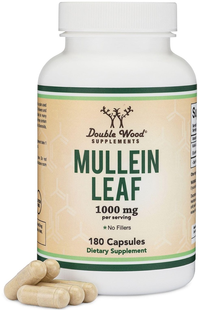 Dubbele houtsupplementen Mullein Leaf Capsules 10.000 mg sterkte, 180 Vegan Capsules zonder fillers, Ondersteunt Lung & Respiratory Health