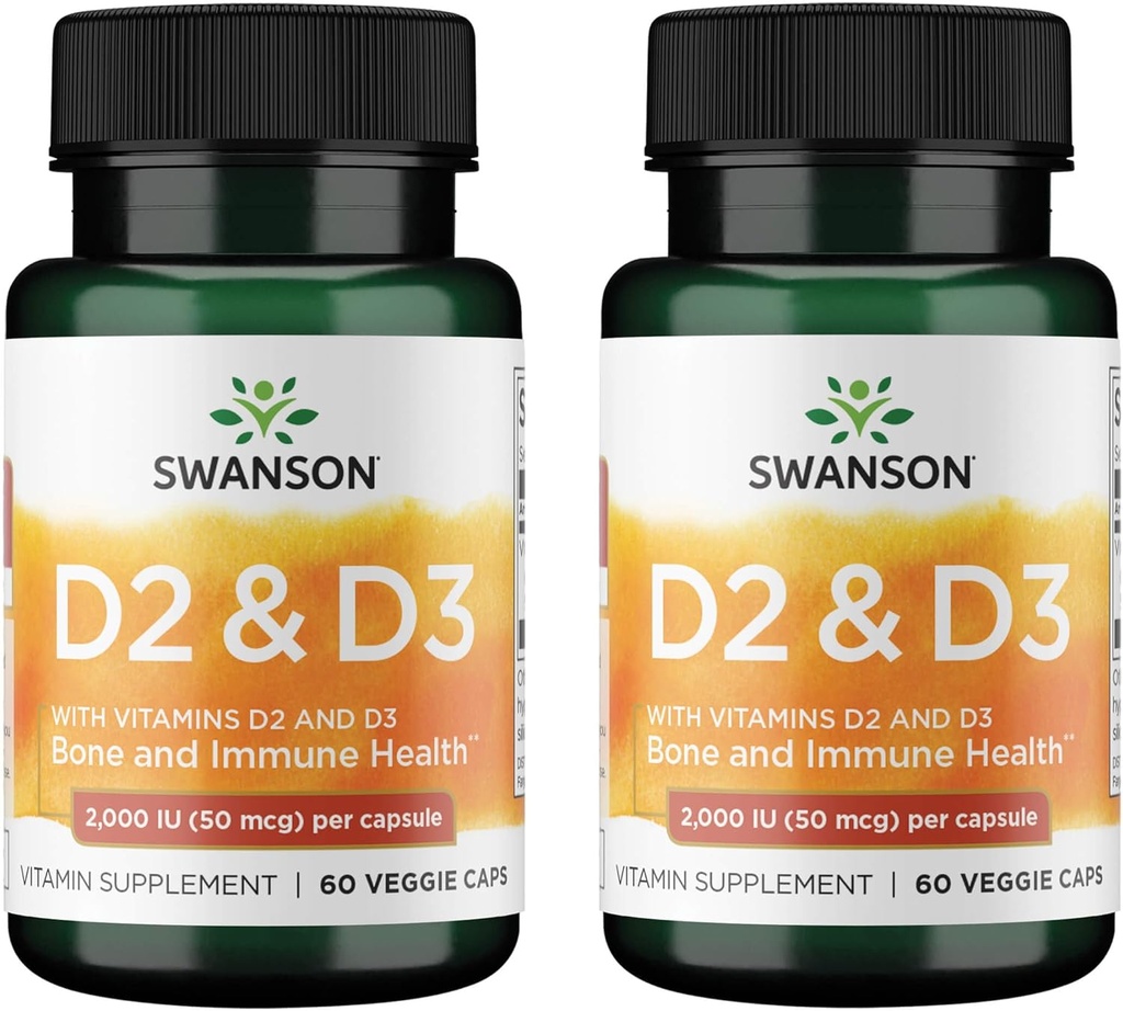 Complexe Vitamine D de Swanson avec Vitamines D2 & D3 - Complexe Vitamine Sunshine Complete pour la santé osseuse, dentaire et immunitaire - Supplément Vitamine (50 mcg, 60 Capsules de Véggie) (2 Pack)