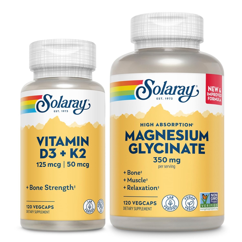 SOLARAY Vitamine D3 K2 en Magnesium Glycinate - Bone Health Bundle - Calcium Absorptie, Zenuw, Hart en Immuun Ondersteuning w/5000 IE Vitamine D, 350mg Gecheleerd Magnesium, 60-dagen garantie, 120ct/120ct