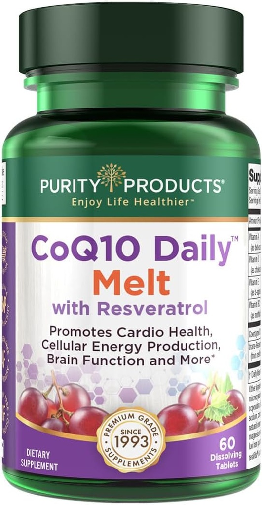 Zuiverheid Producten CoQ10 Dagelijks met Resveratrol Smelt 100mg CoQ10-30mg Trans-Resveratrol - Vitamine A, D3, E en B12 (als methylcobalamine) - 60 Snelle oplossende tabletten
