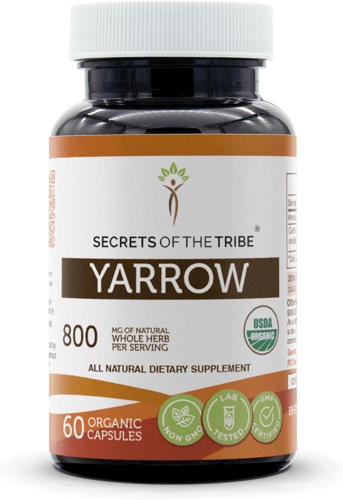 Secrets de la Tribe Yarrow USDA Organic 60 Capsules.Fabriqués avec des capsules végétariennes et certifié biologique Yarrow (Achillea millefolium) Feuille séchée et fleur (60 Capsules)