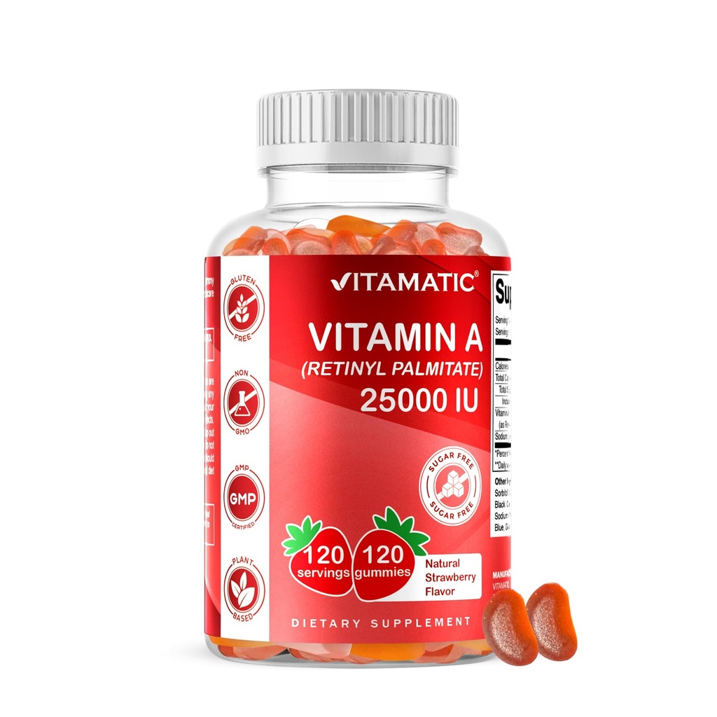 Vitamatic Sugar Free Vitamin A 25000 IE Gummies (Retinyl Palmitate) - Natural Strawberry Flavor - 120 Pectin Based Gummies (1 fles)