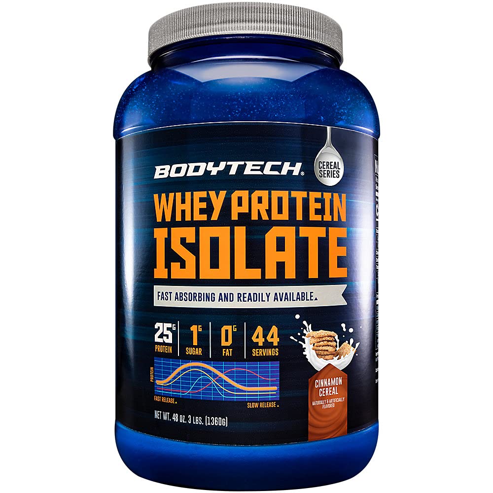 BODYTECH Poudre isolate de protéines de lactosérum - avec 25 grammes de protéines par portion et BCAA - Idéal pour la construction et la croissance musculaires après l'entraînement, contient du lait et du soja - Céréale de cannelle (3 livres)