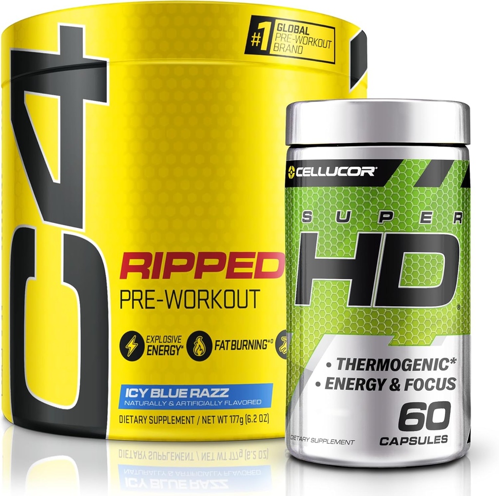 C4 Ripped & SuperHD, The Thermogenic Bundle, C4 Ripped Pre Workout Powder, ICY Blue Razz 30 Serves + SuperHD met Capsimax en Green Tea Extract, 60 Servers