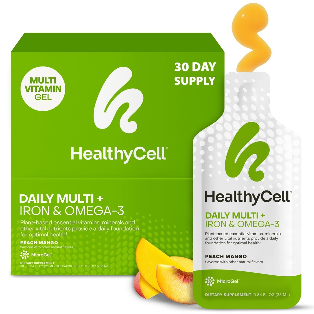 Healthycell Vegan Daily Multivitamine Liquid Supplement with Iron and Omega-3, 25+ Essential Vitamins, Minerals & Nutrients for Brain & Heart Health, Immune Support & Energy - 30 Gel Packs