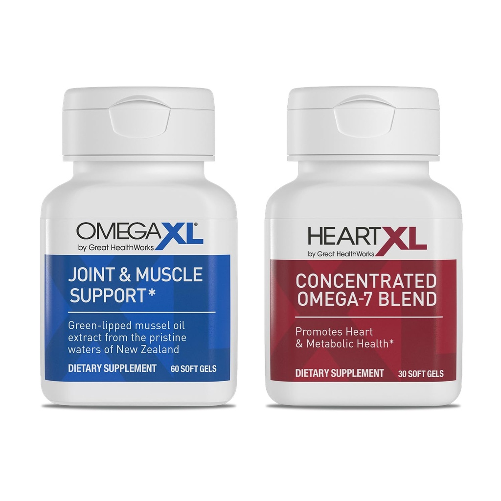 OmegaXL Joint Support Supplement - Natural Muscle Support, Green Lipped Mussel Oil, Soft Gel Pillen, Drug-Free, 60 Telling + HeartXL 30 Telling, High Potency Omega-7 Blend